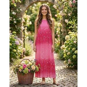 VTG 90s Positive Attitude Pink Floral Ombre Maxi Dress Rayon Size 12 Cottagecore